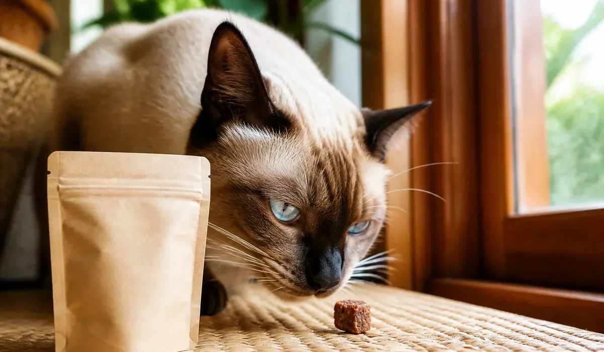 แมวกำลังดมขนมแมว — cat treats เลือกยังไง ไทย 2026