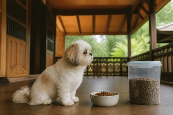 สุนัขกินอาหารเม็ดจากชาม — อาหารลูกสุนัข ปริมาณต่อวัน
